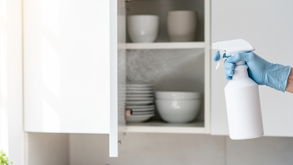 Application d'insecticide dans un placard de cuisine