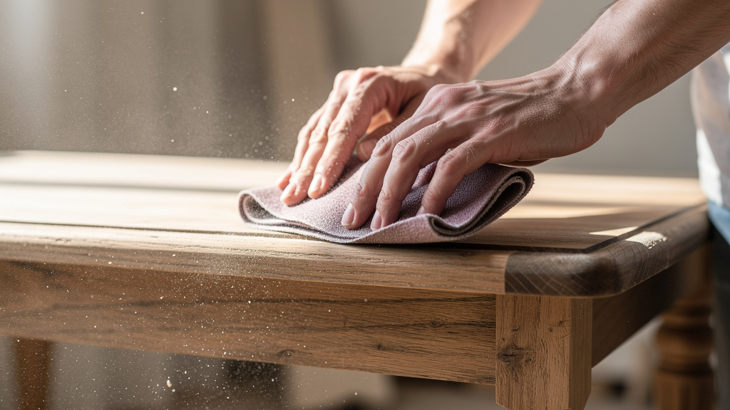 Ponçage au papier abrasif d'un meuble bois avant rénovation