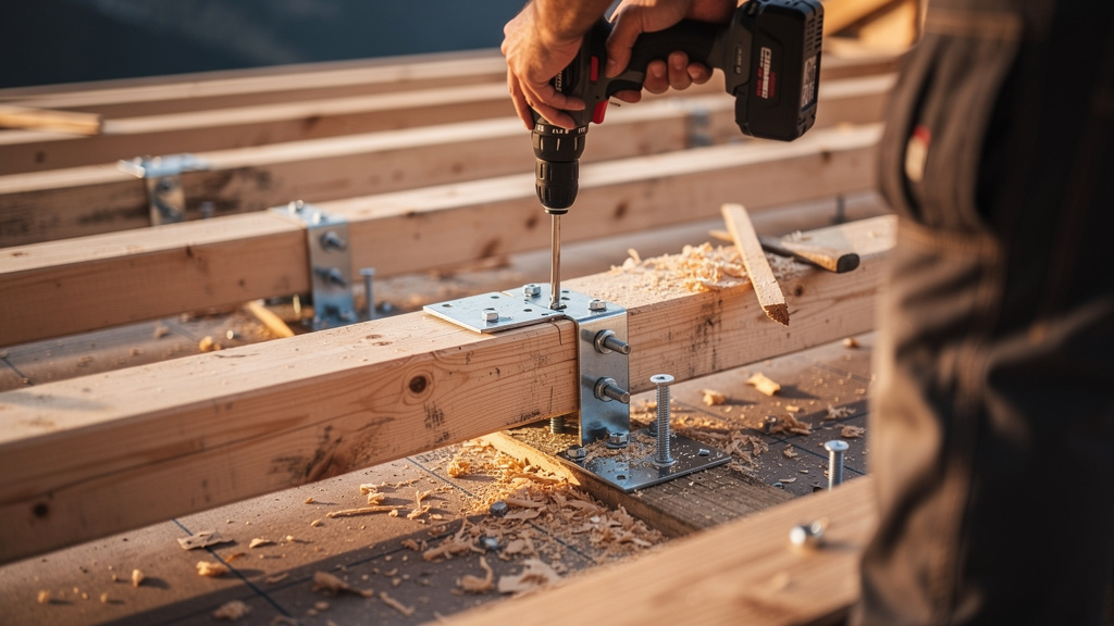 Artisan vissant des lambourdes pour la structure d'un chalet