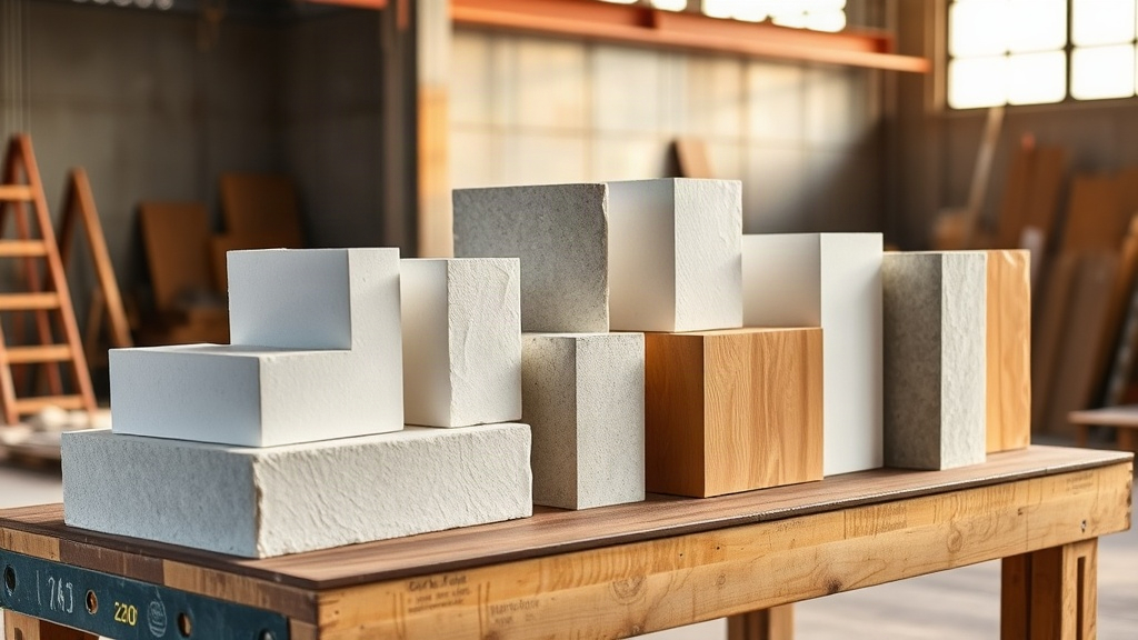 Différents formats de blocs polystyrène alignés sur un établi de chantier