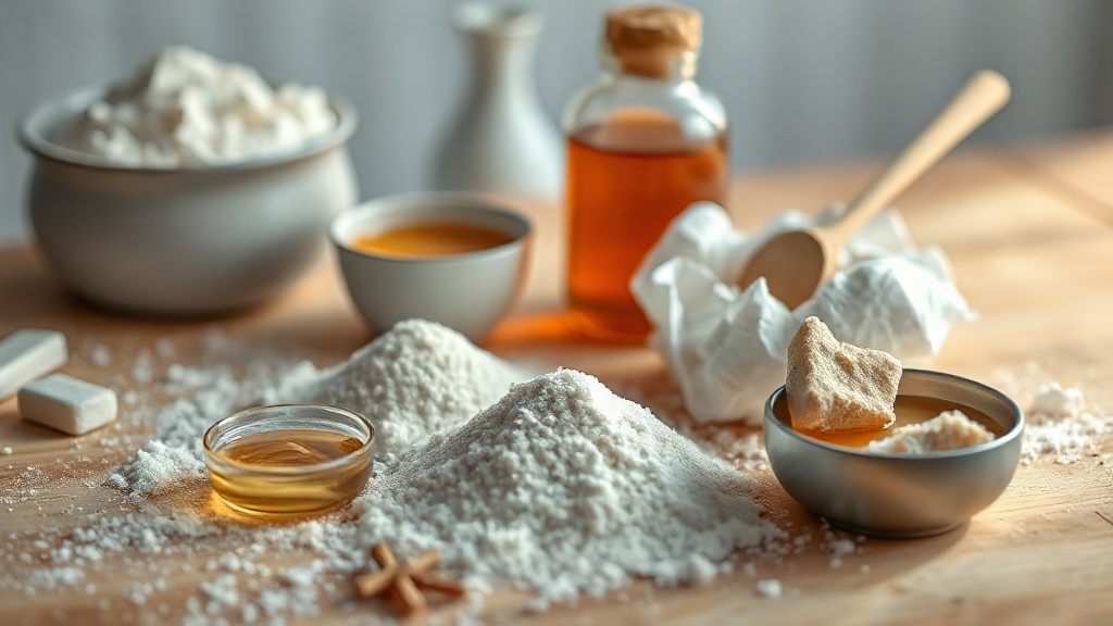 Ingrédients de cuisine variés : farine, sucre, huile et miel sur un plan de travail