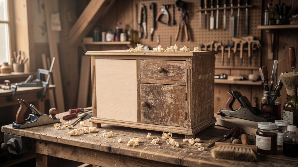 Restauration d'un meuble ancien en bois dans un atelier