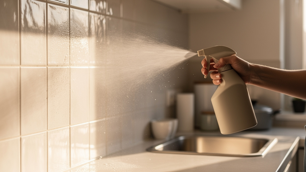 Vaporisation d'un spray nettoyant sur les murs carrelés d'une cuisine