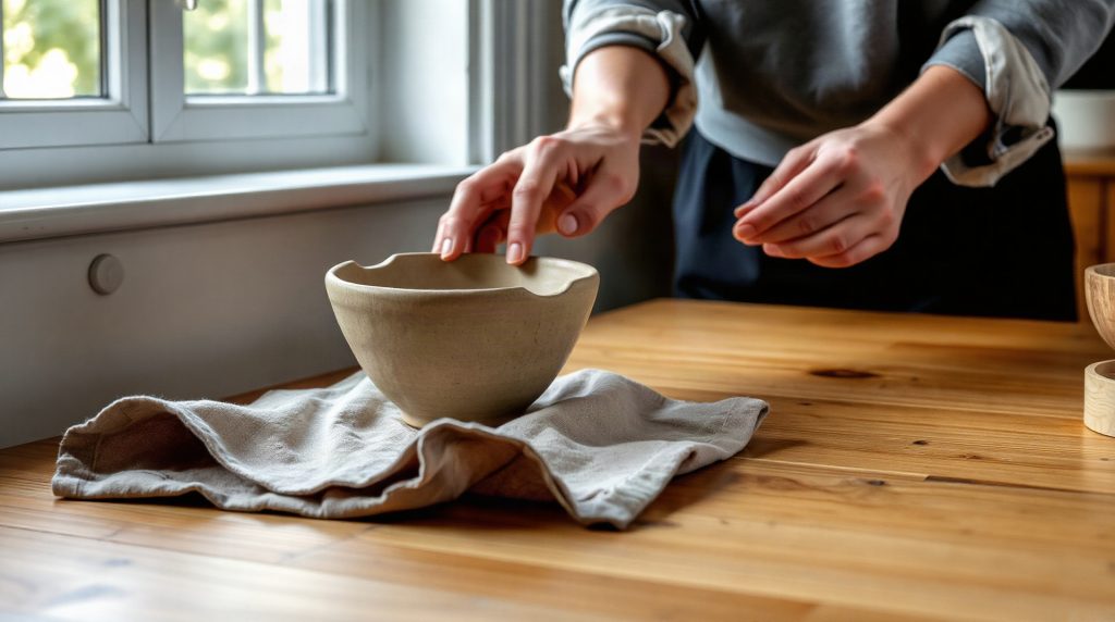 Assiette en grès artisanal sur table en bois