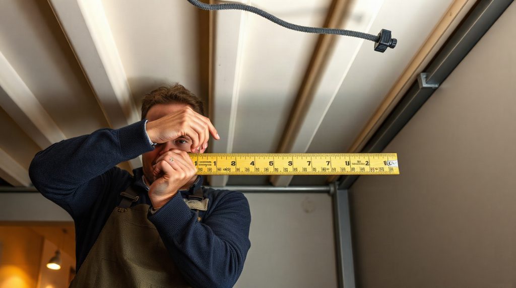 Ouvrier mesurant l'entraxe entre fourrures métalliques au plafond