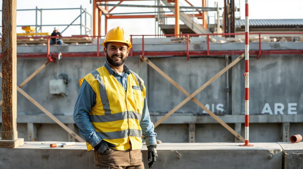 Ouvrier posant du treillis soudé avant coulage du béton sur un chantier