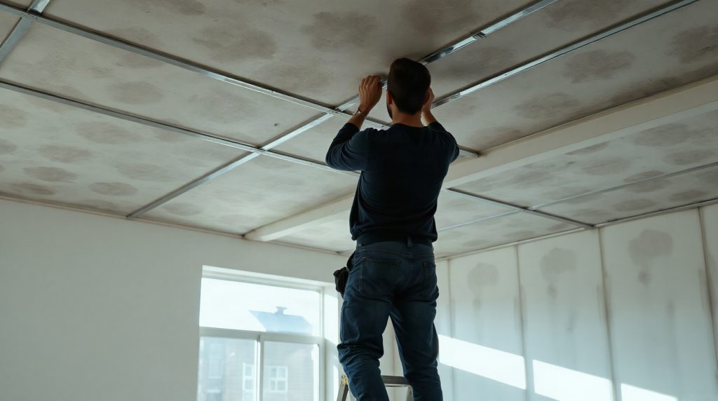 Pose de fourrures métalliques au plafond d'une pièce en rénovation