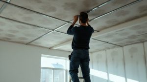 Pose de fourrures métalliques au plafond d'une pièce en rénovation