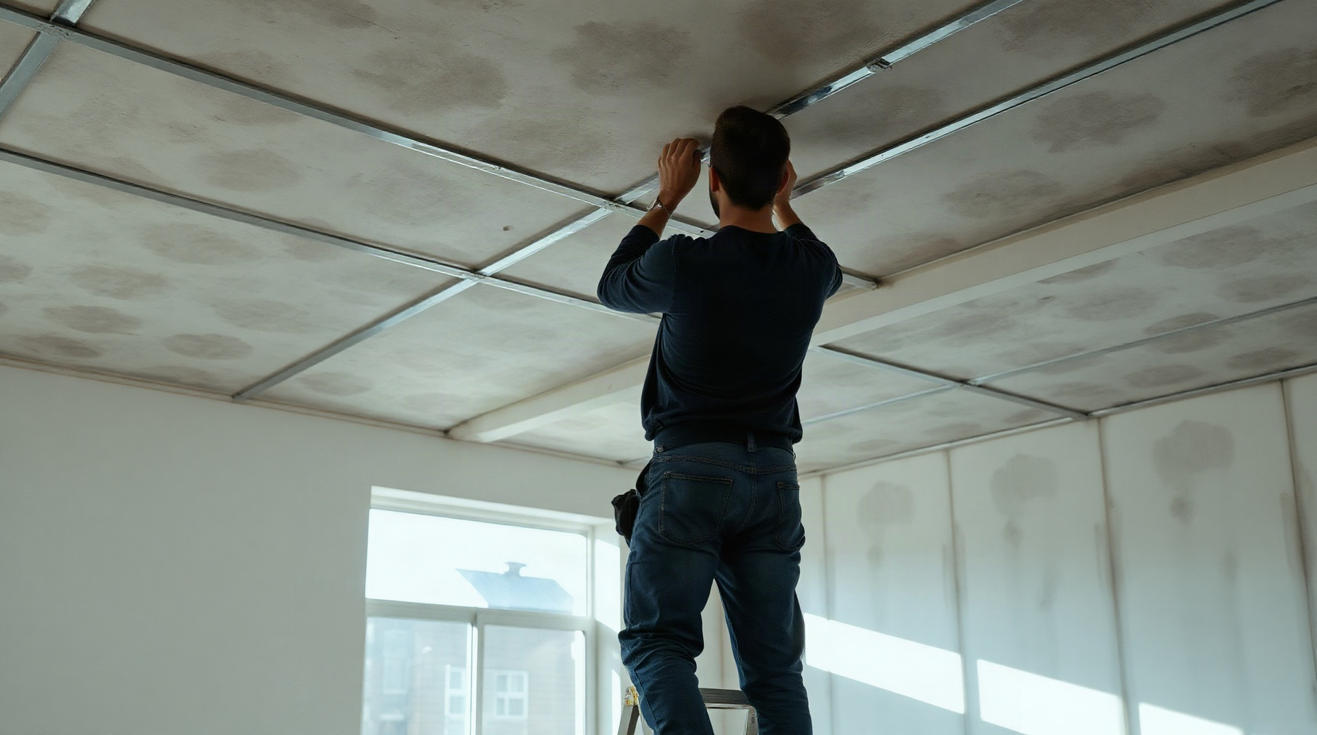 Pose de fourrures métalliques au plafond d'une pièce en rénovation