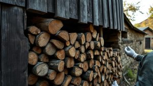 Stères de bois empilés dans un jardin