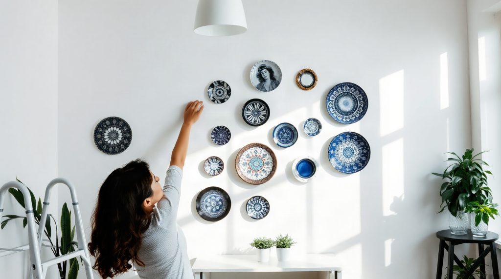 Composition d'assiettes décoratives accrochées sur un mur blanc dans un salon