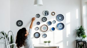 Composition d'assiettes décoratives accrochées sur un mur blanc dans un salon