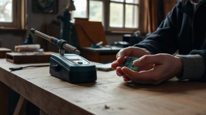 Fer à souder Parkside posé sur un établi de bricolage