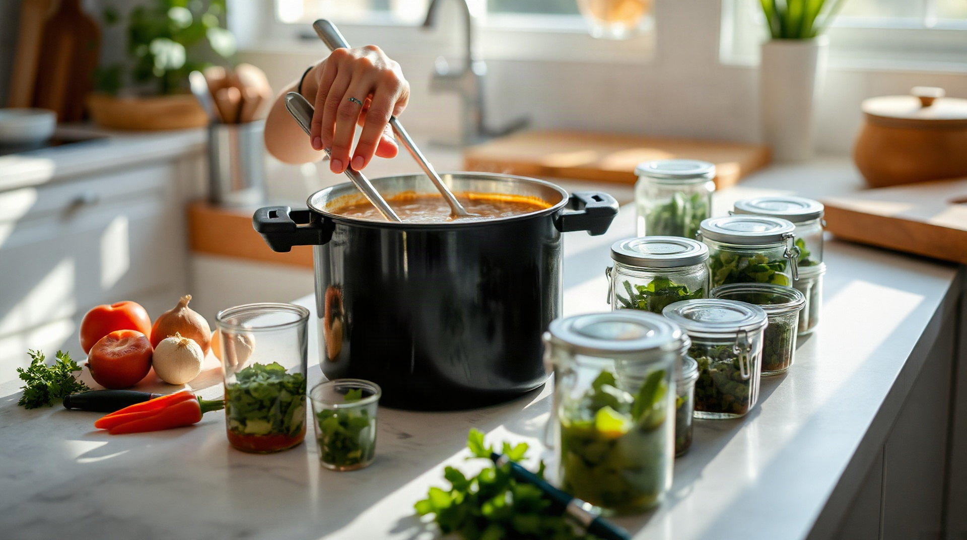Jeune parent préparant des repas en batch dans une cuisine