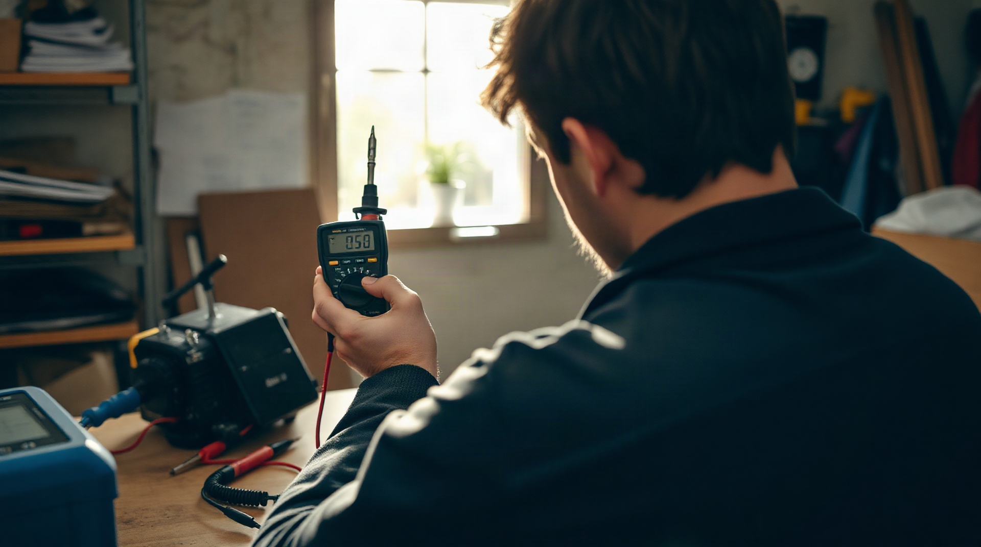 Technicien testant un fer à souder avec un multimètre